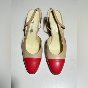 CHANEL Women's Red and Beige Heels